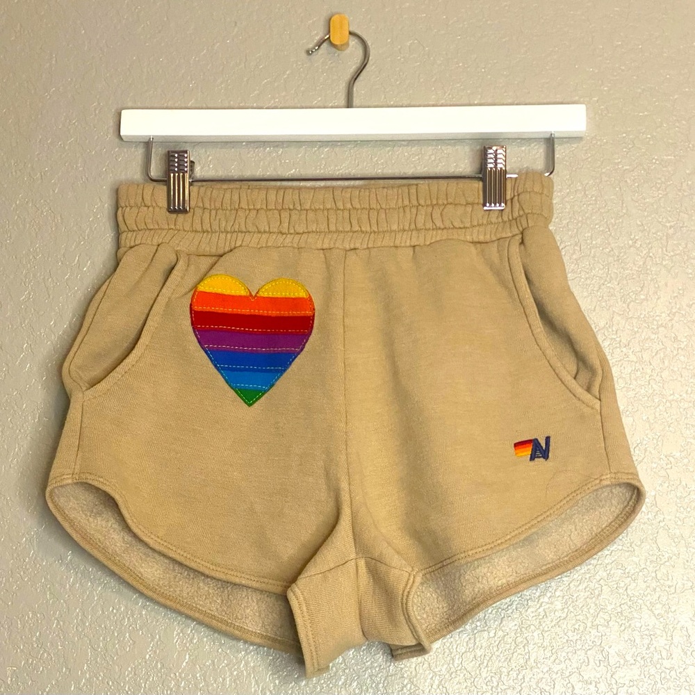 Aviator Nation Women's Rainbow Heart Stitch Lounger Shorts - Sand Tan size S